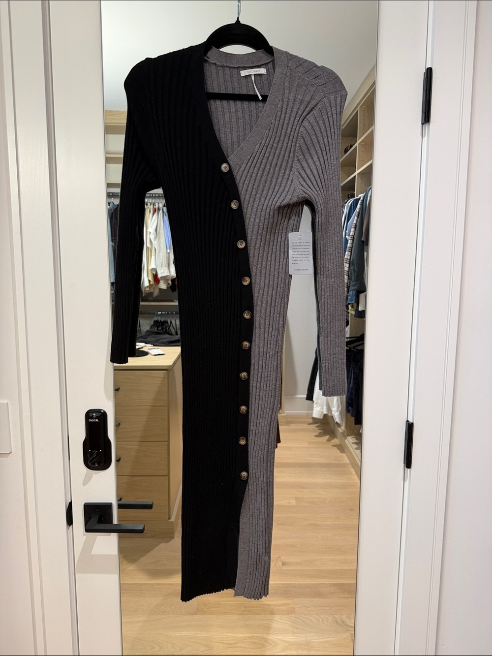 Two-Tone Ribbed Button-Front Midi Dress - Black & Gray